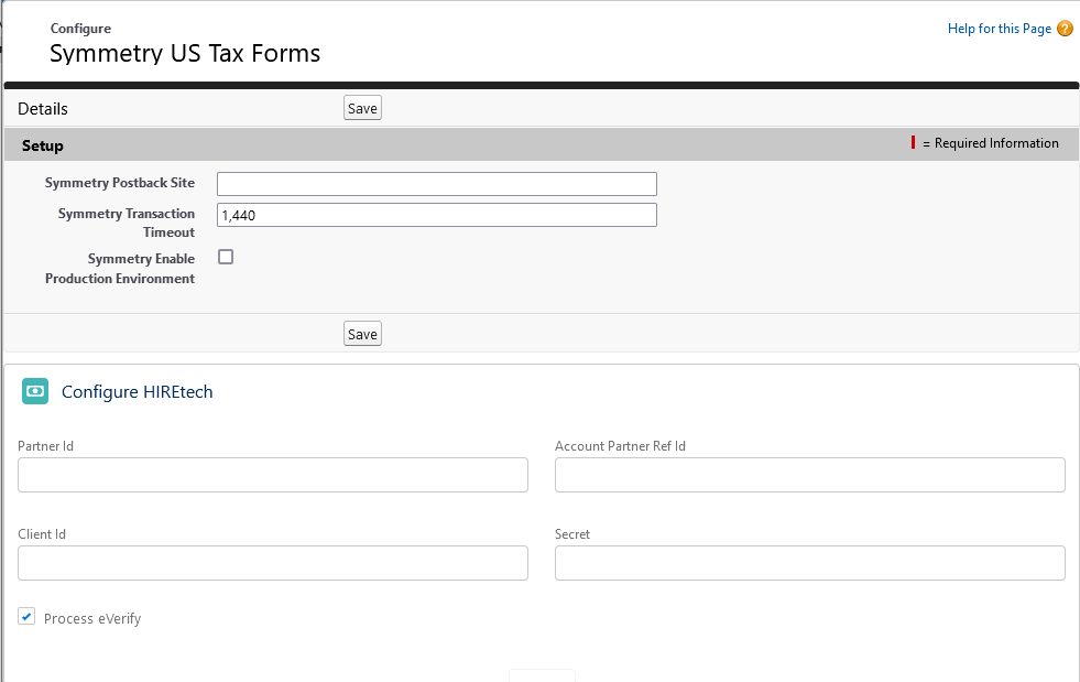 Screenshot: U.S. Tax Forms package configuration page with fields to Symmetry and HIREtech integrations